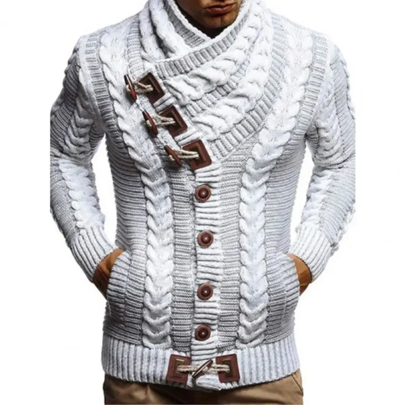 Men's Turtleneck Cardigan, Button-Detail Loose Knit Sweater - Image 3