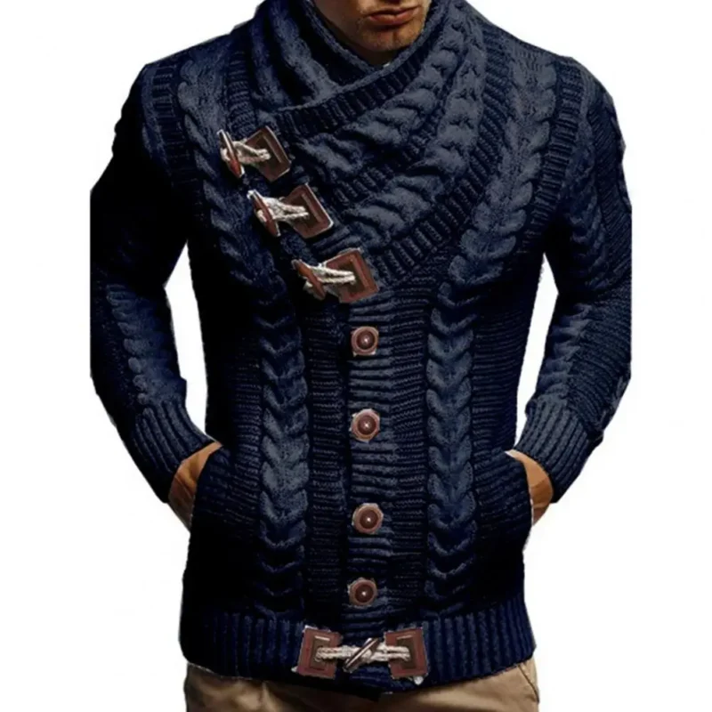 Men's Turtleneck Cardigan, Button-Detail Loose Knit Sweater - Image 4